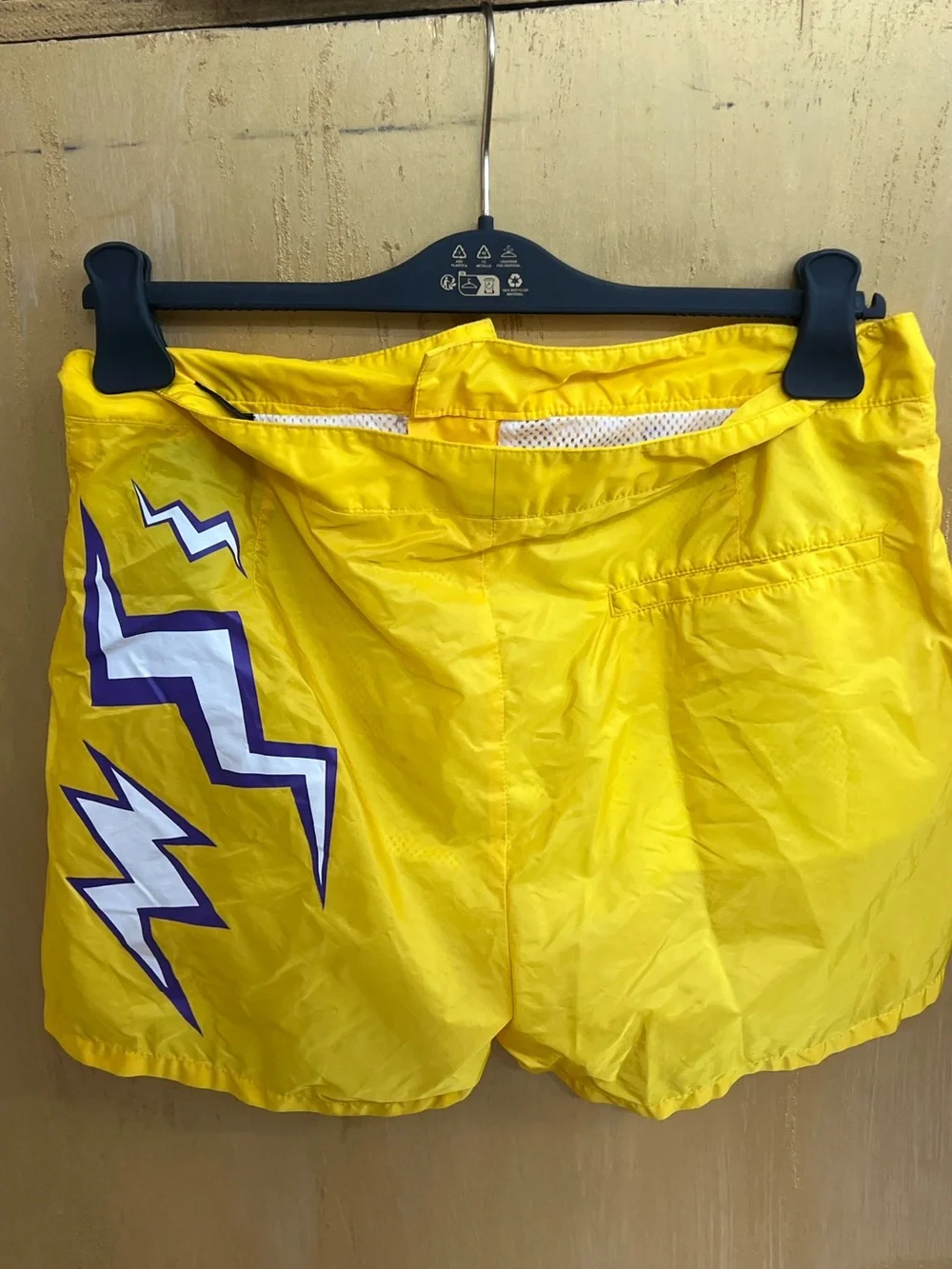 Prada Men’s Yellow Swim Trunks with Purple Lightning Motif